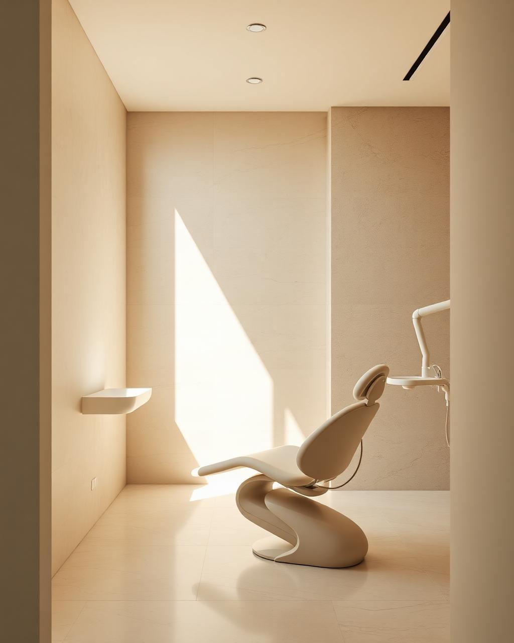 Minimalist limestone dental studio interior with soft daylight